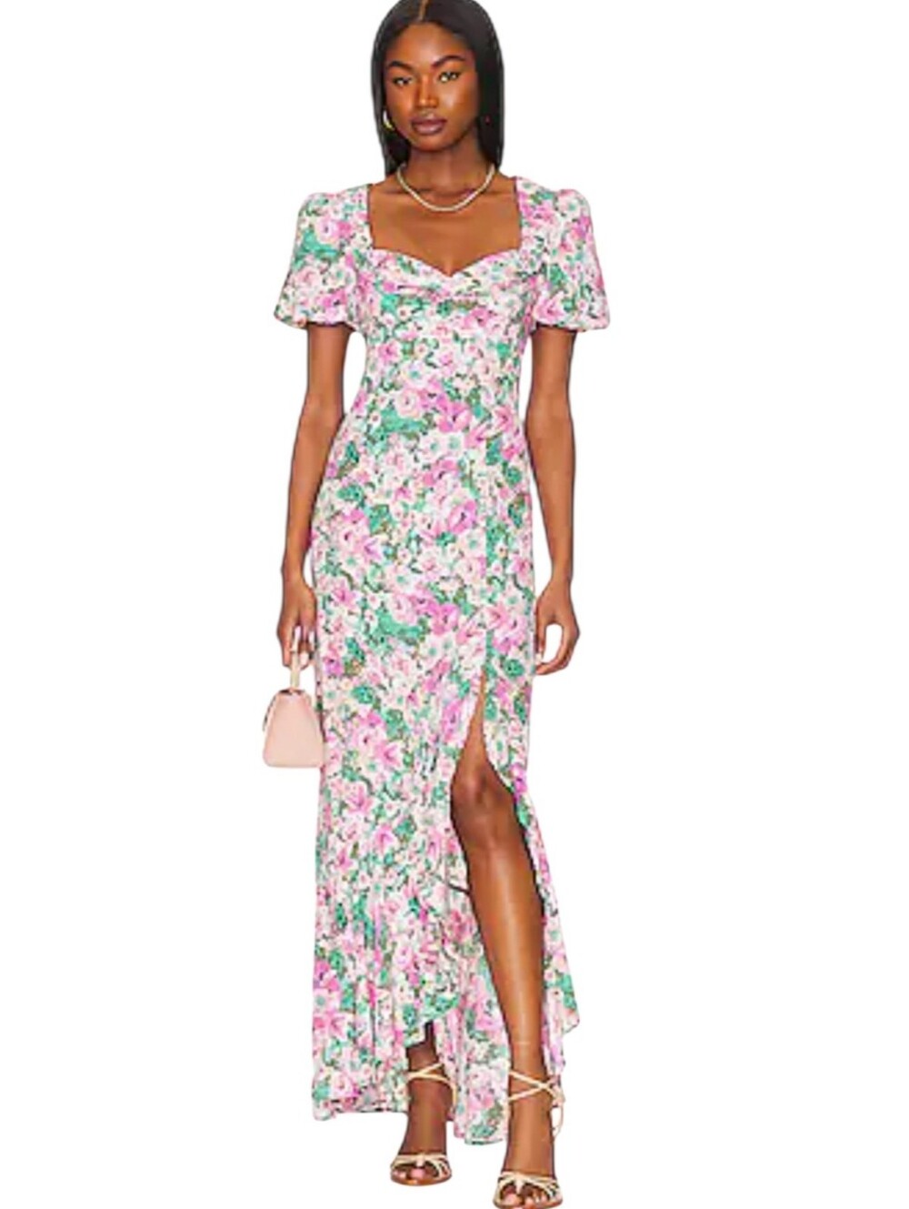 Revolve ASTR Dayanara Pink & Green Floral Cut-out Maxi Dress Size Medium